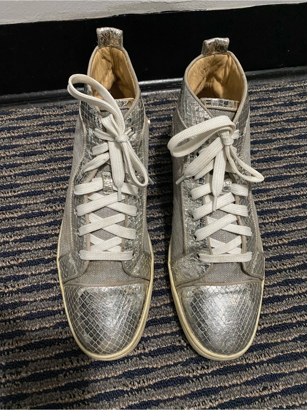Christian Louboutin Red Bottom Silver High-Top Sneakers - Metallic Lace-Up
